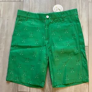 NWT Sugar Bee Kelly Green Polyester Golf Shorts with Printed Clubs, Men’s L